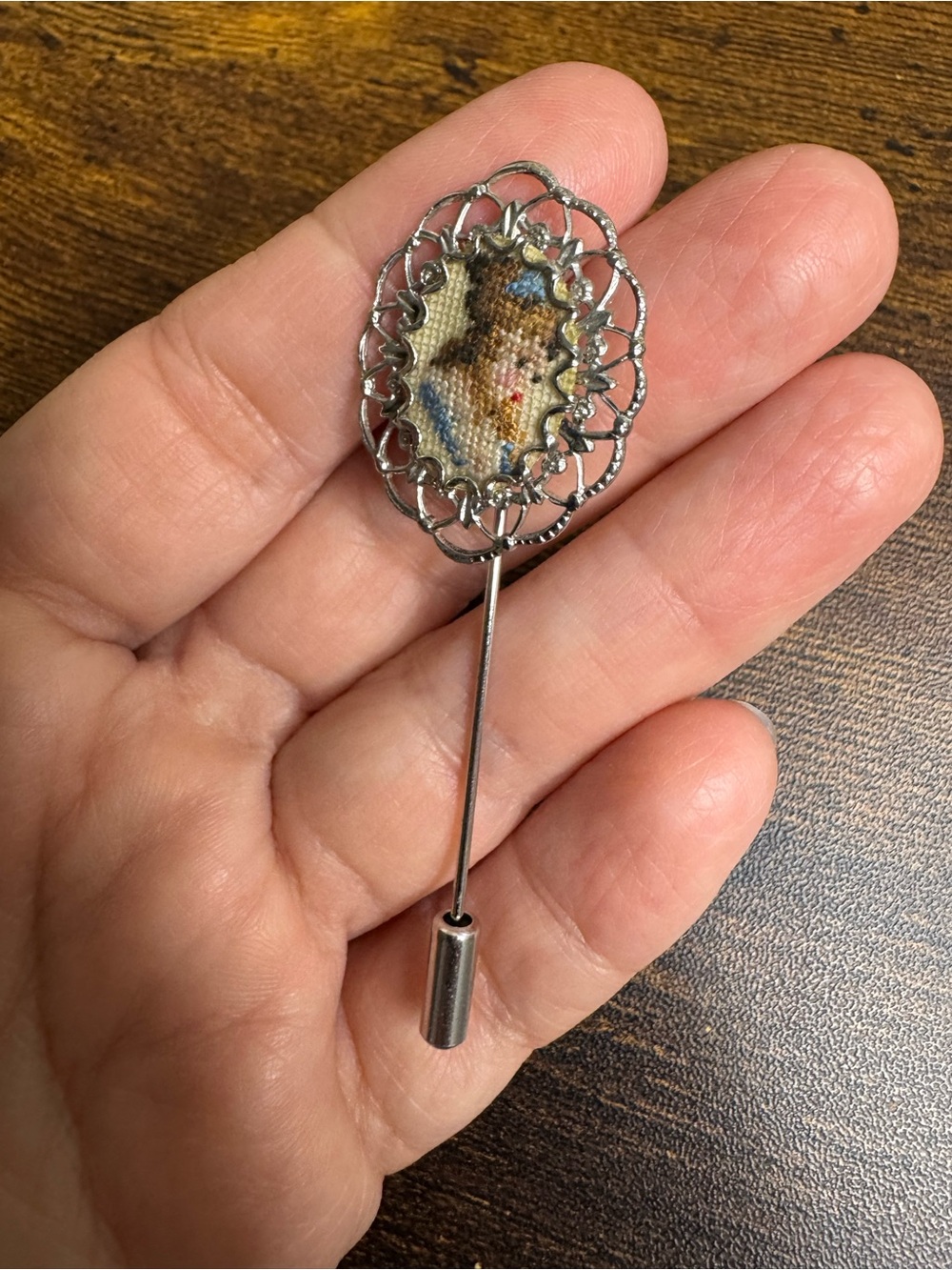 Vintage Silver Tone Filigree Stick Hat Pin Blue and Cream Petit Point